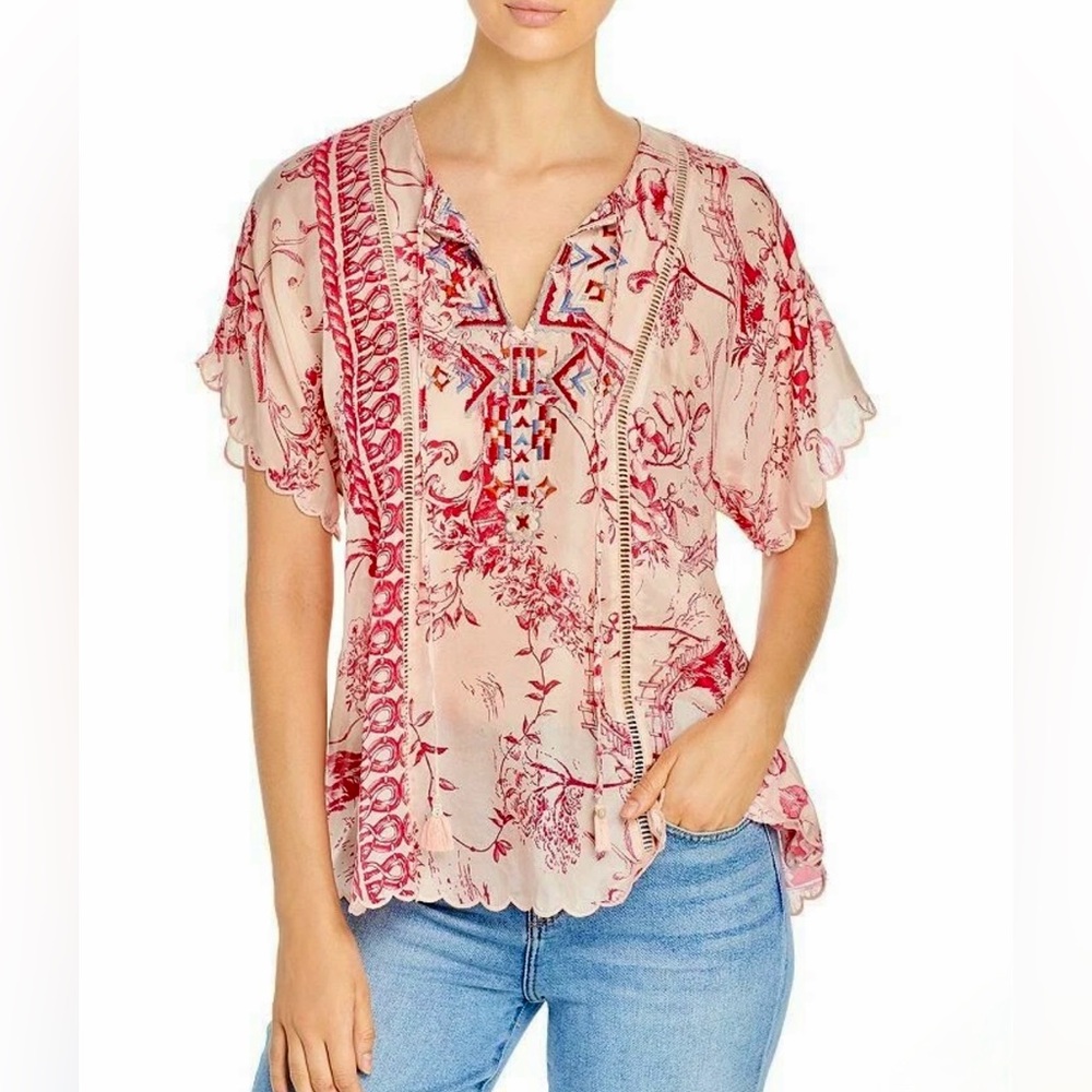 Johnny Was Pink Floral Embroidered V-Neck Blouse
